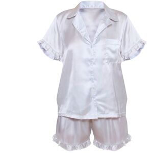 White Satin Pajama Set with ruffle sleeves